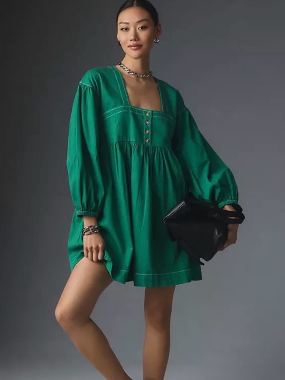 Anthropologie XL Long-Sleeve Kelly Green Square-Neck Denim Babydoll Mini Dress
